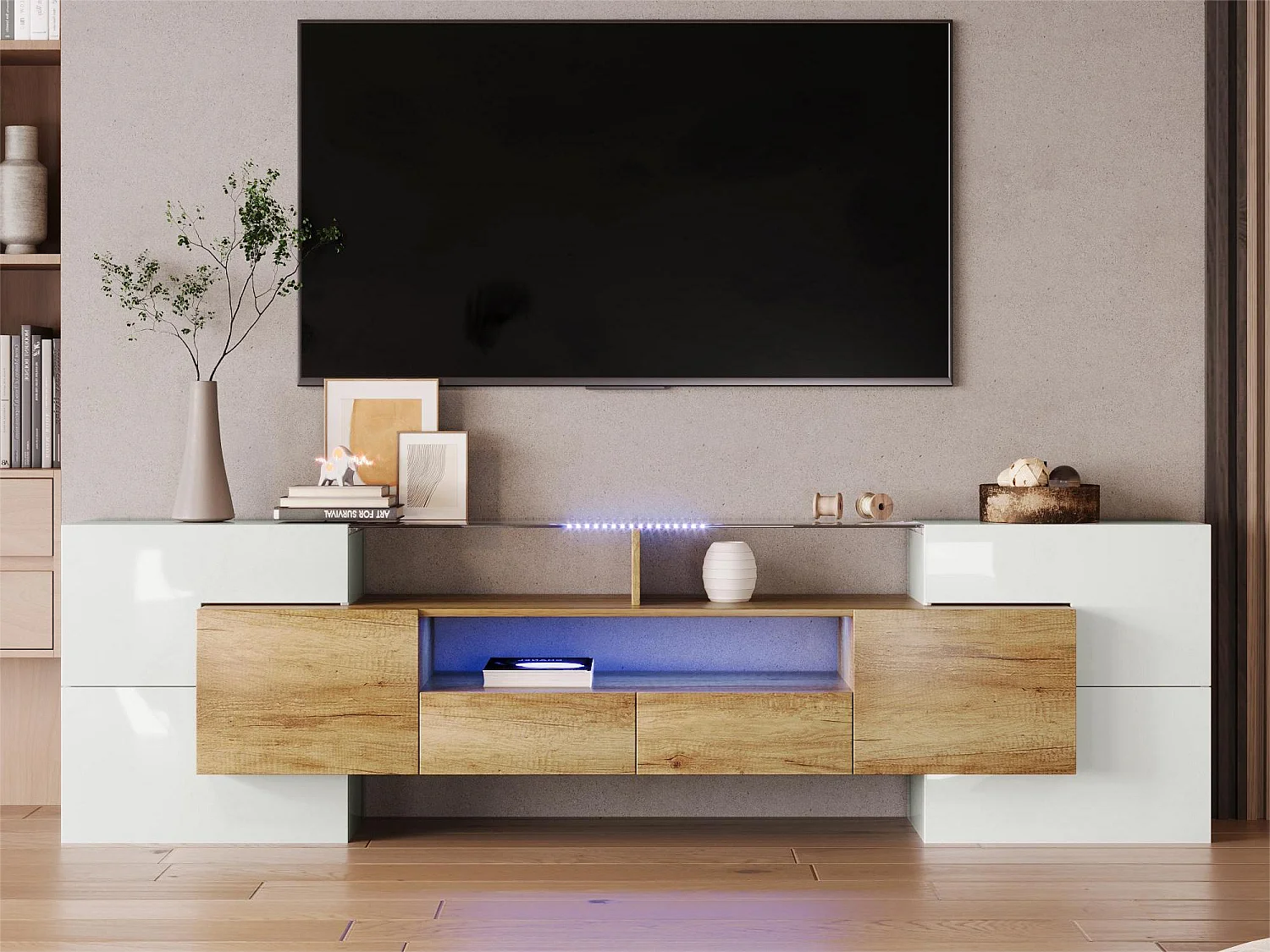Modern TV-meubel met 4 deuren, 2 lades & 2 nissen - Glanzend witte uitstraling - LED's - Lengte 200cm - Kleur eiken