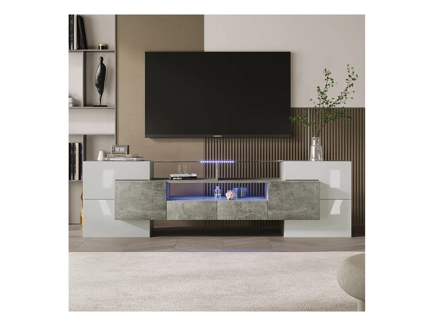 Moderne tv-kast met 4 deuren, 2 lades en 2 nissen - Glanzend witte afwerking - LED's - Lengte 200 cm - Kleur grijs