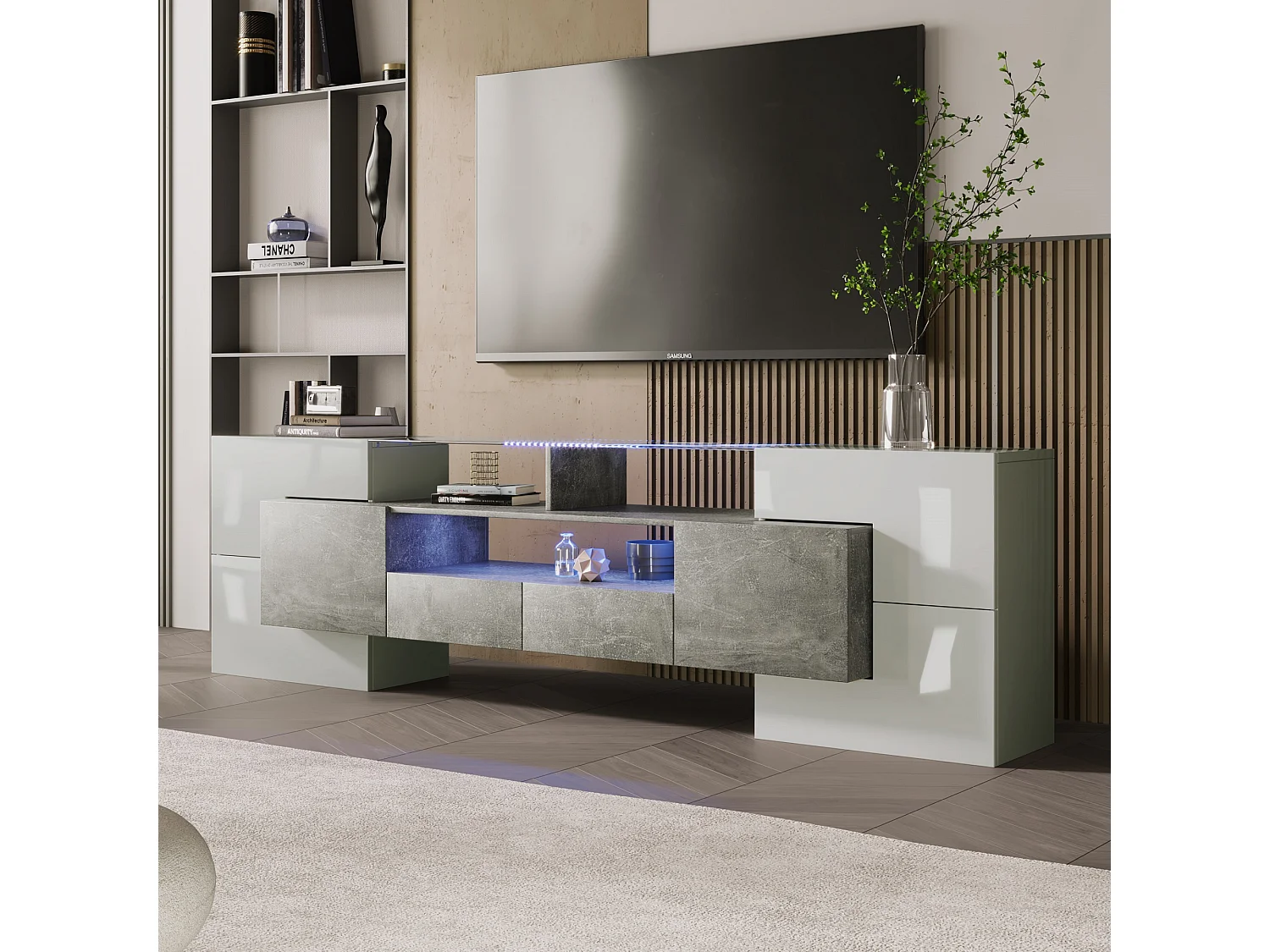 Meuble TV moderne avec 4 portes 2 tiroirs & 2 niches - Aspect blanc brillant - LEDs - Longueur 200cm - Coloris gris