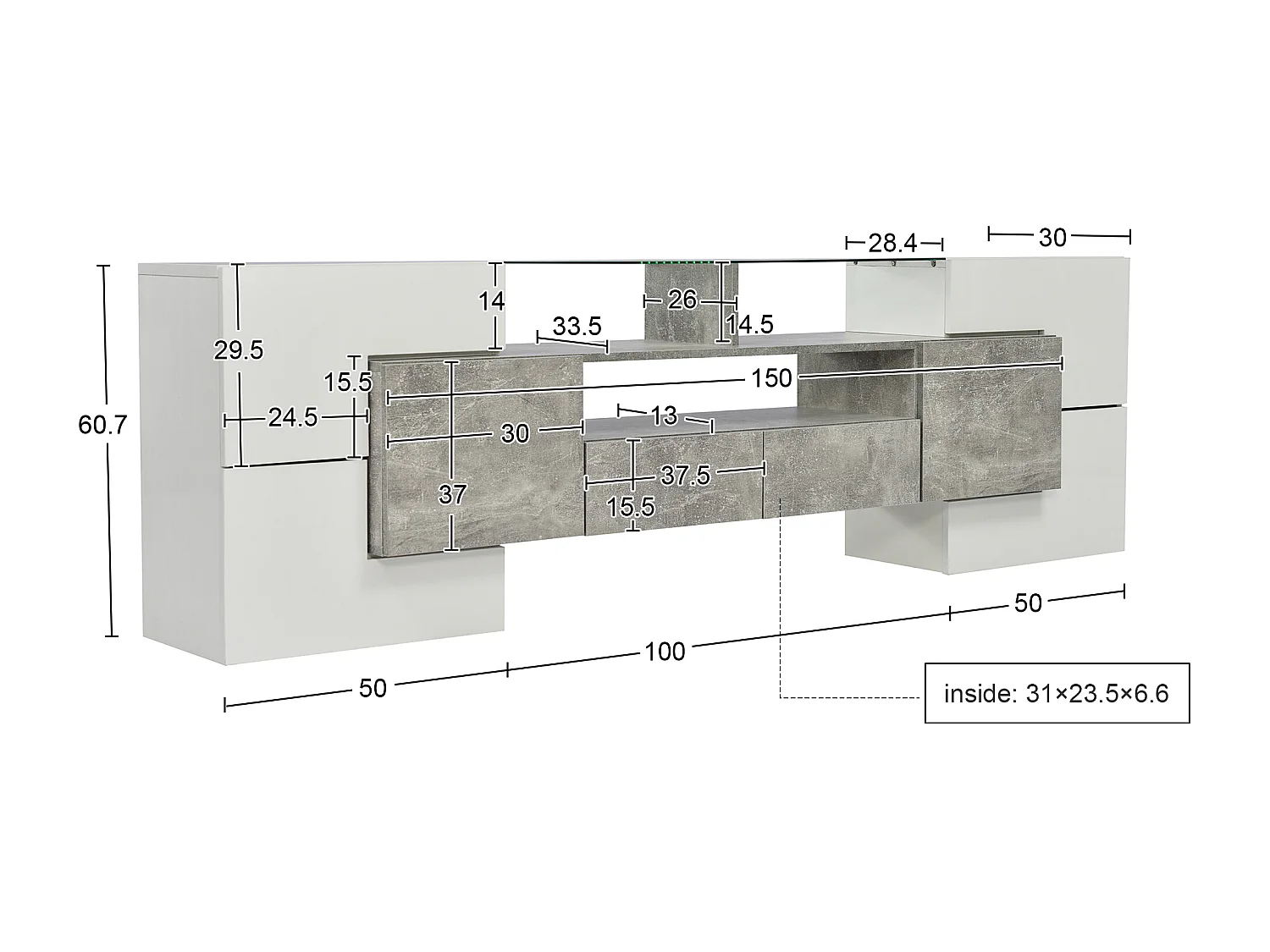 Meuble TV moderne avec 4 portes 2 tiroirs & 2 niches - Aspect blanc brillant - LEDs - Longueur 200cm - Coloris gris