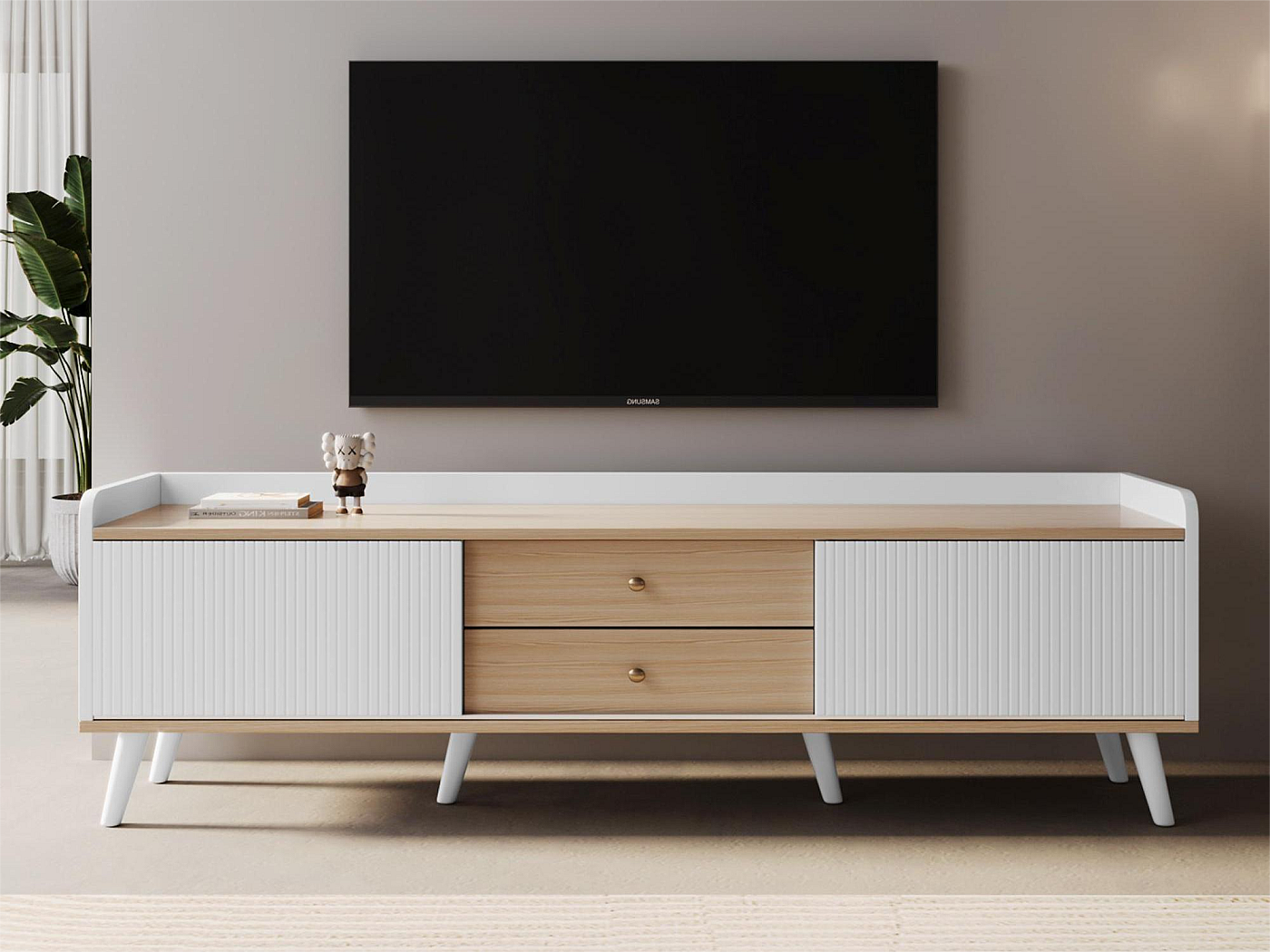 Meuble TV Bas RIAN Châtaignier - 150 X 40 X 58 Cm, 2 Portes Coulissantes, Bois De Pin Massif, étagères Réglables