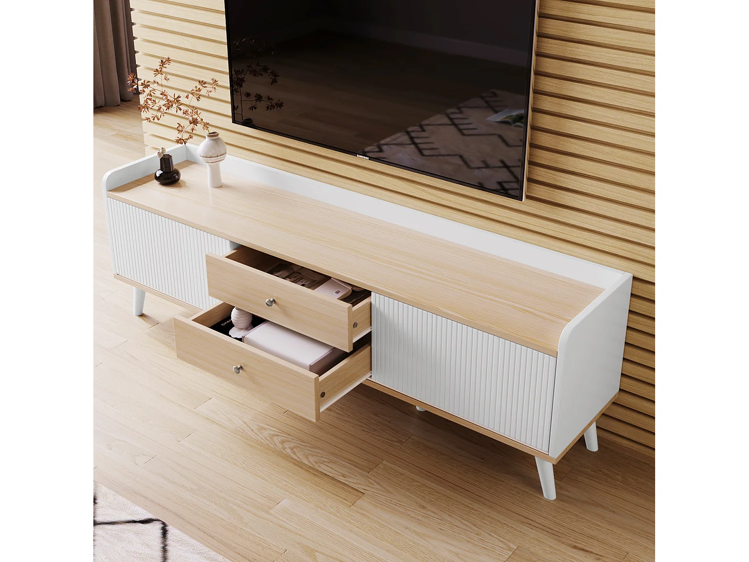 TV-meubel met 2 lades en 2 schuifdeuren - moderne stijl - kleuren: wit en beige