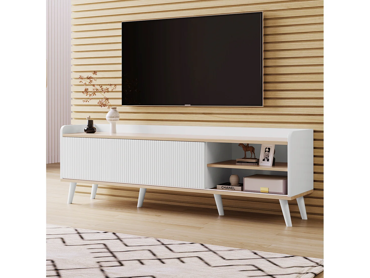 TV-meubel met 2 lades en 2 schuifdeuren - moderne stijl - kleuren: wit en beige