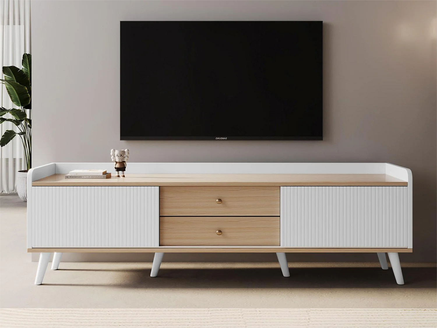 TV-meubel met 2 lades en 2 schuifdeuren - moderne stijl - kleuren: wit en beige