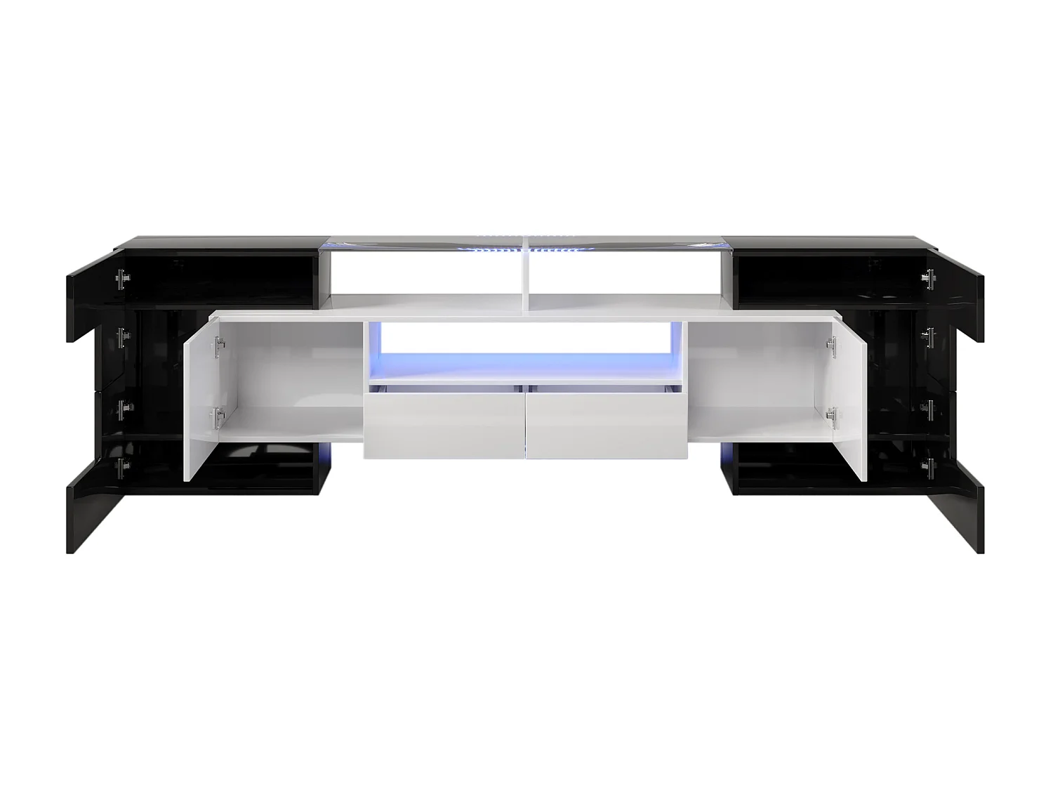 Moderne tv-kast met 4 deuren, 2 lades en 2 nissen - Glanzende afwerking - LED's - Lengte 200 cm - Kleur zwart