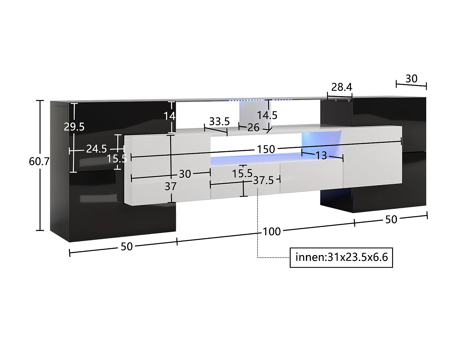 Moderne tv-kast met 4 deuren, 2 lades en 2 nissen - Glanzende afwerking - LED's - Lengte 200 cm - Kleur zwart
