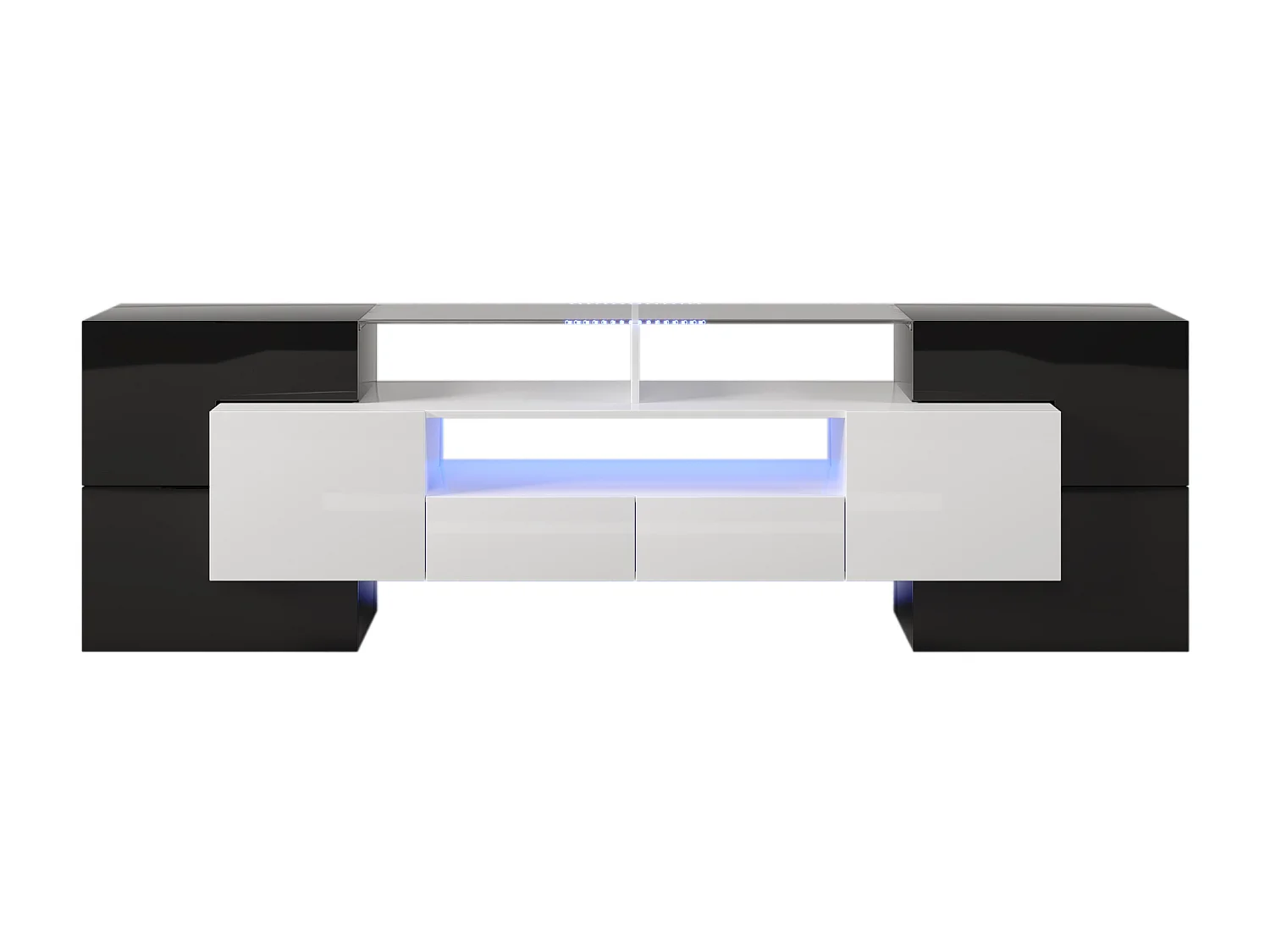 Moderne tv-kast met 4 deuren, 2 lades en 2 nissen - Glanzende afwerking - LED's - Lengte 200 cm - Kleur zwart