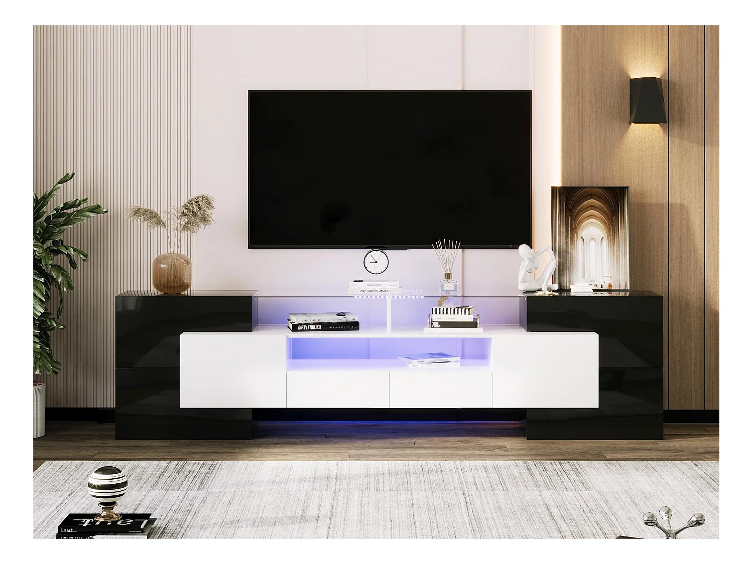 Moderne tv-kast met 4 deuren, 2 lades en 2 nissen - Glanzende afwerking - LED's - Lengte 200 cm - Kleur zwart