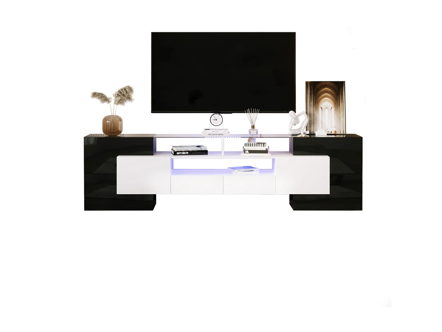 Meuble TV moderne avec 4 portes 2 tiroirs & 2 niches - Aspect brillant - LEDs - Longueur 200cm - Coloris noir