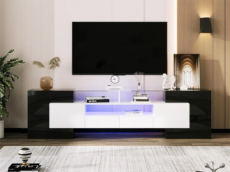 Meuble TV moderne avec 4 portes 2 tiroirs & 2 niches - Aspect brillant - LEDs - Longueur 200cm - Coloris noir