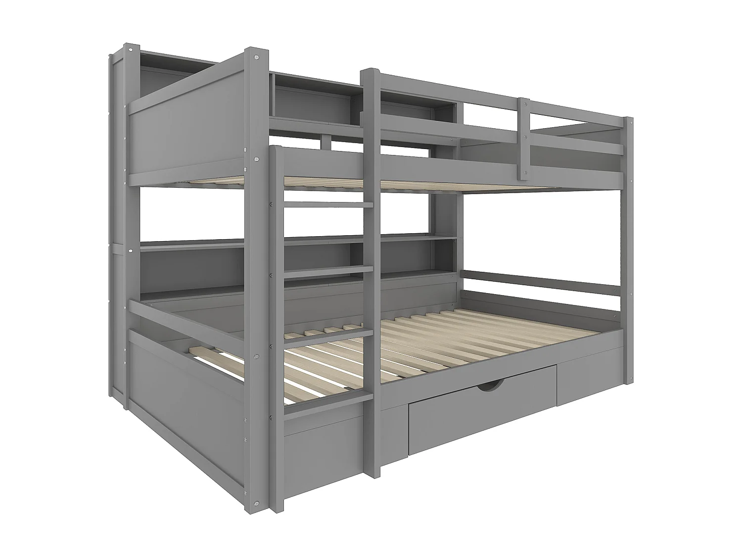 Litera doble con cajón y librerías - 90 x 200 cm - madera de pino y MDF - somier incluido - gris