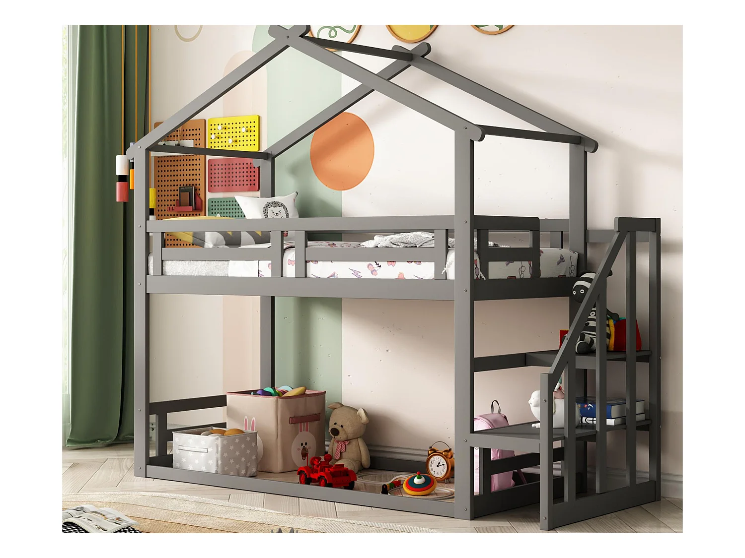 Lit superposé cabane avec rangement - 90 x 200 cm - pin - barrières et escalier - coloris gris