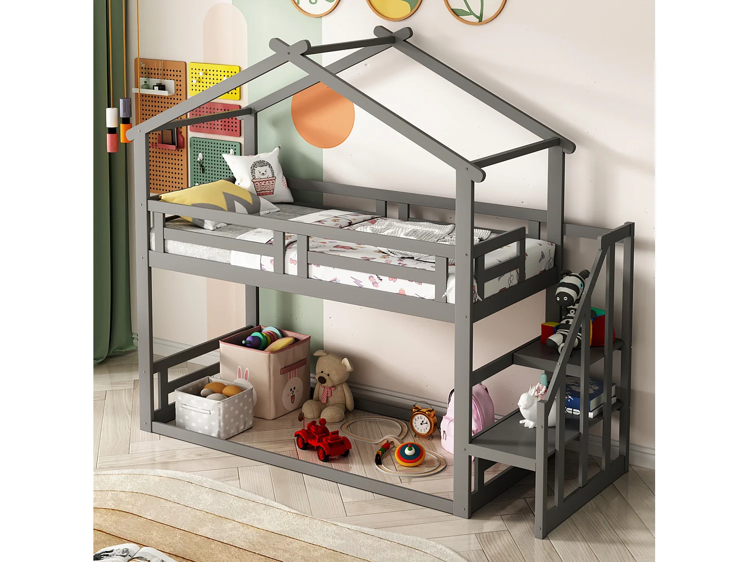Lit superposé cabane avec rangement - 90 x 200 cm - pin - barrières et escalier - coloris gris