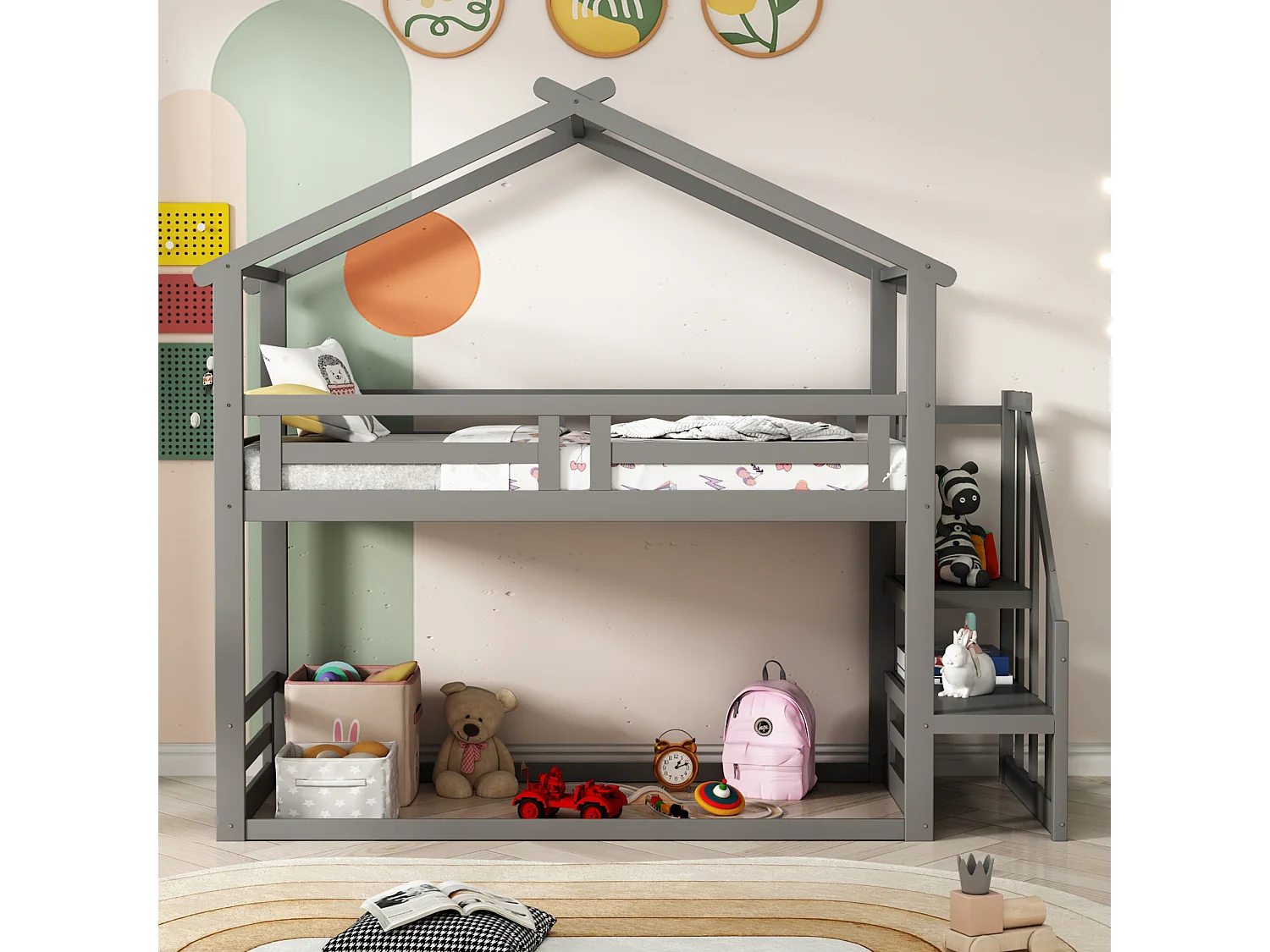 Lit superposé cabane avec rangement - 90 x 200 cm - pin - barrières et escalier - coloris gris