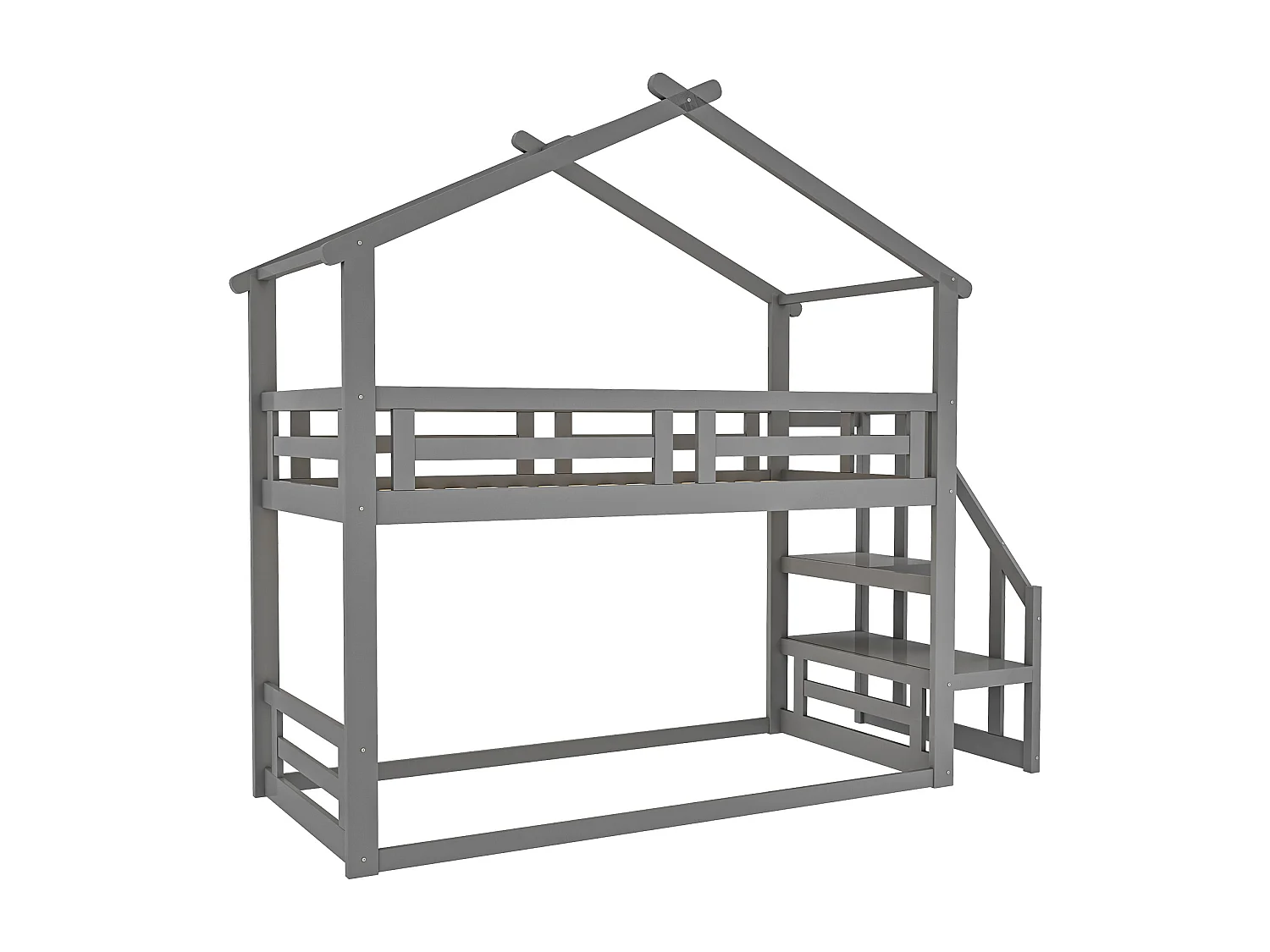 Lit superposé cabane avec rangement - 90 x 200 cm - pin - barrières et escalier - coloris gris