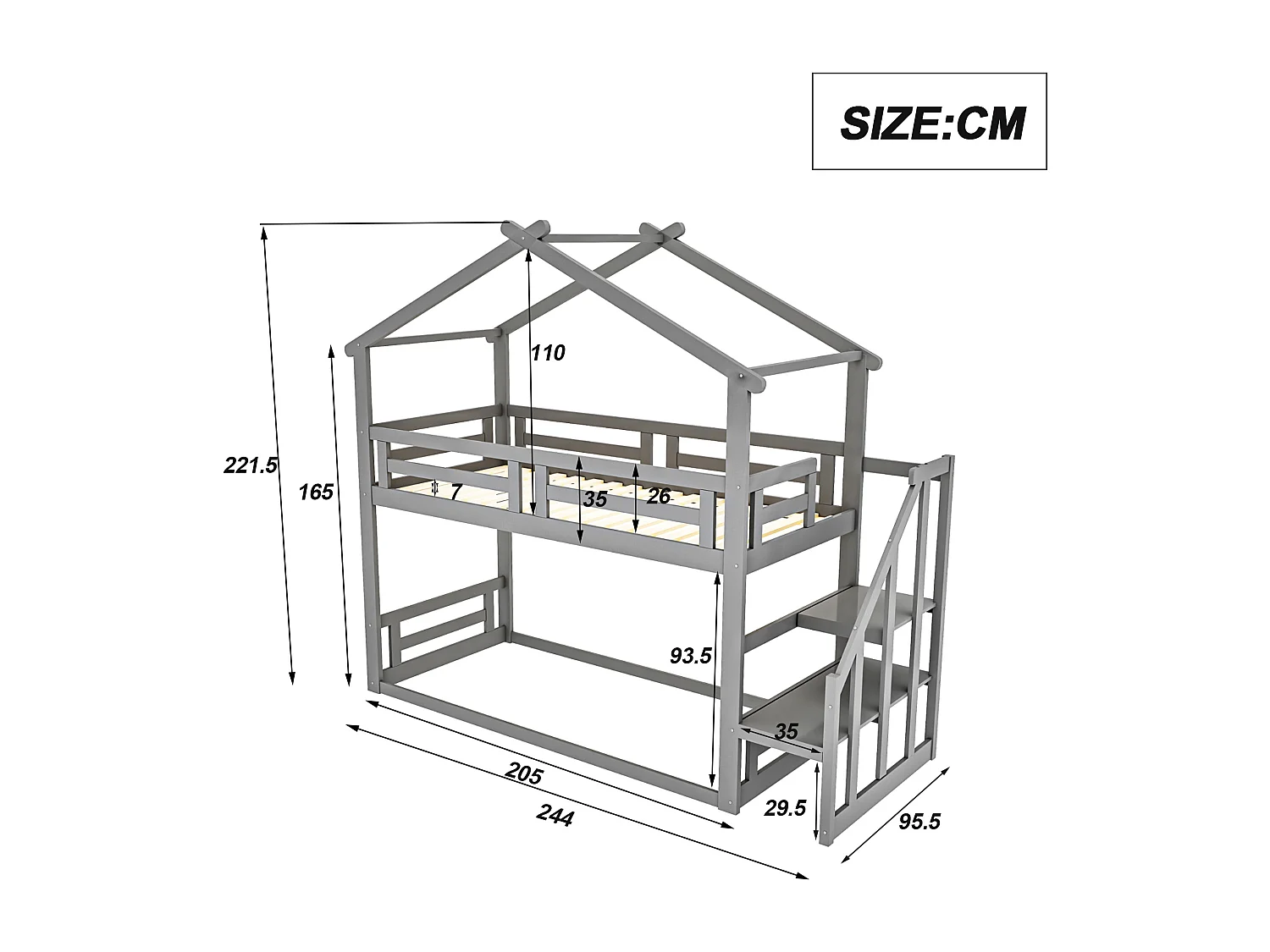Lit superposé cabane avec rangement - 90 x 200 cm - pin - barrières et escalier - coloris gris