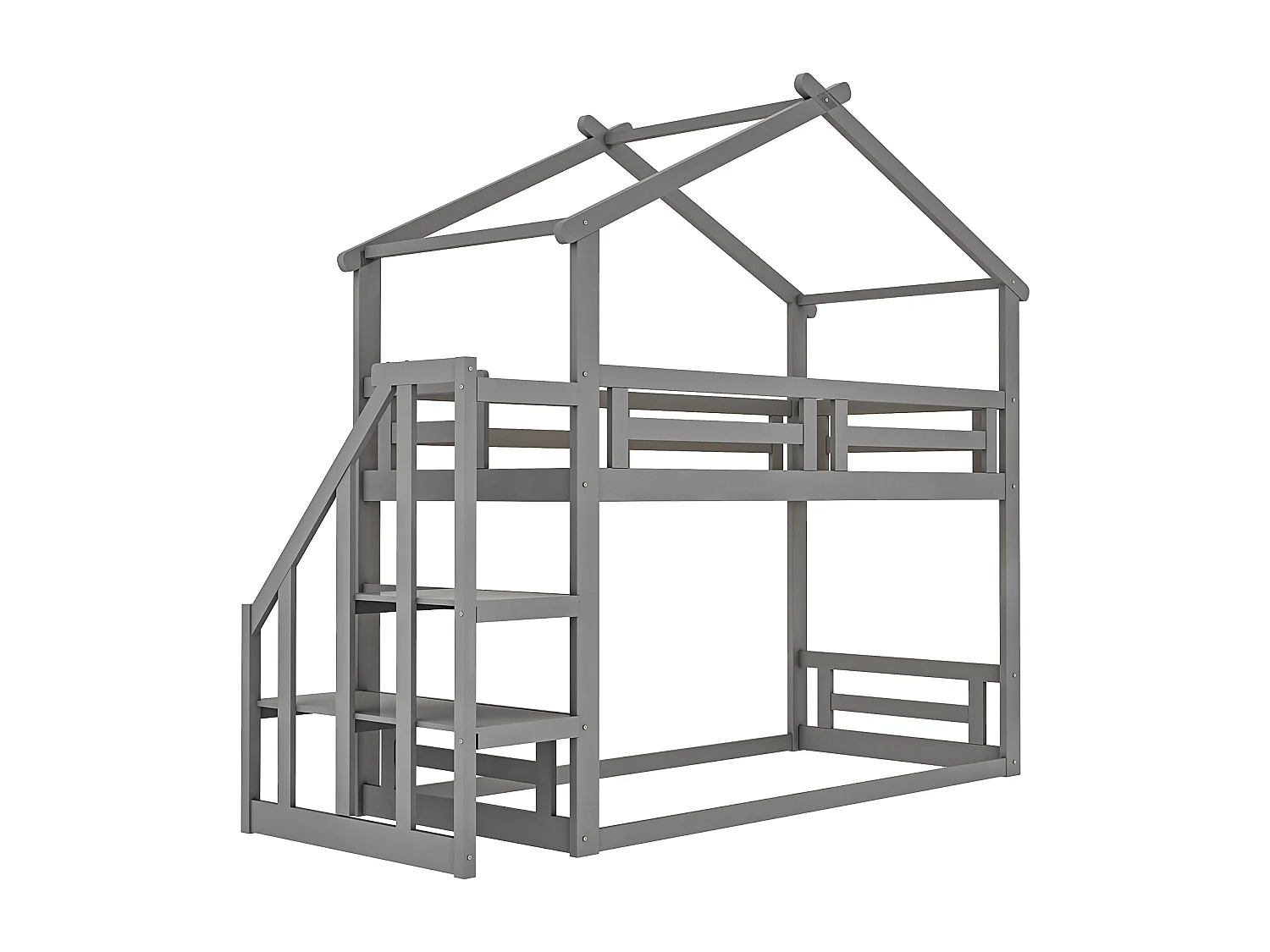 Lit superposé cabane avec rangement - 90 x 200 cm - pin - barrières et escalier - coloris gris
