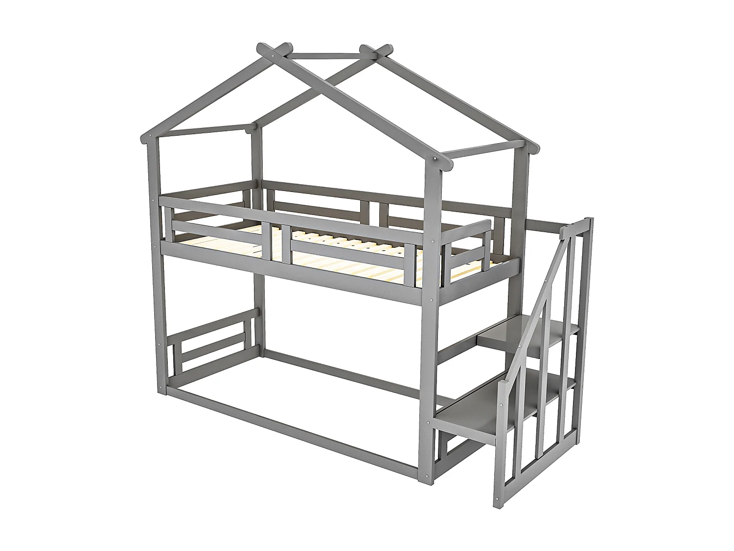 Lit superposé cabane avec rangement - 90 x 200 cm - pin - barrières et escalier - coloris gris