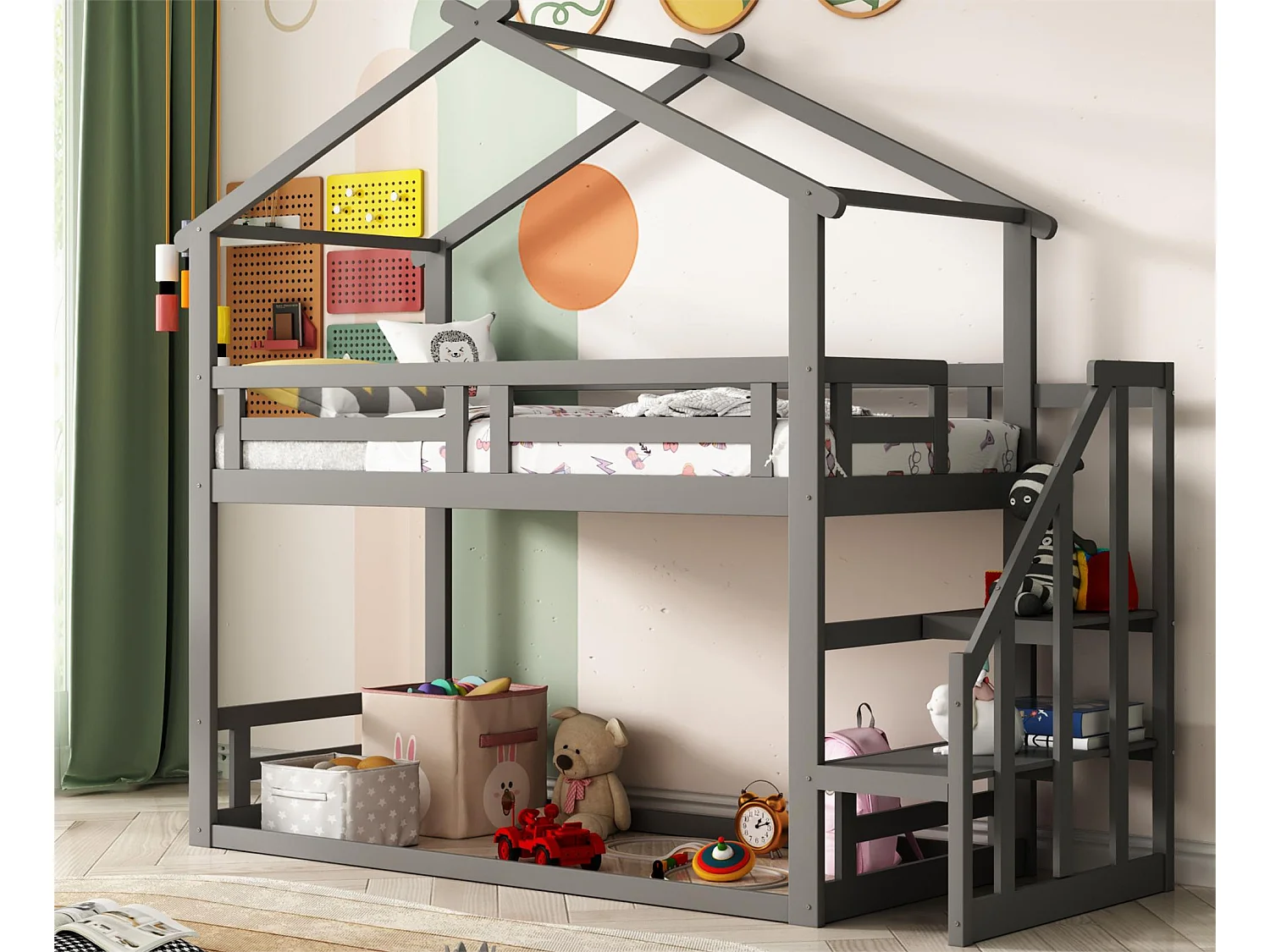 Lit superposé cabane avec rangement - 90 x 200 cm - pin - barrières et escalier - coloris gris