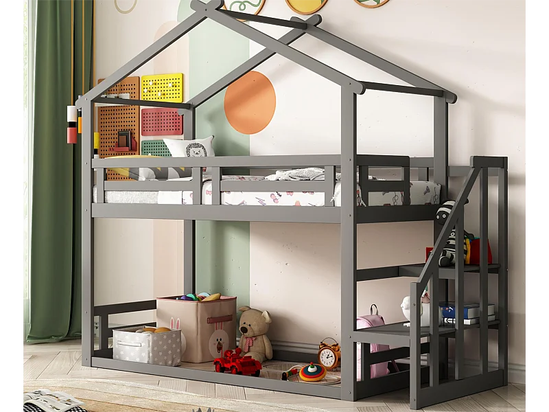 Lit superposé cabane avec rangement - 90 x 200 cm - pin - barrières et escalier - coloris gris