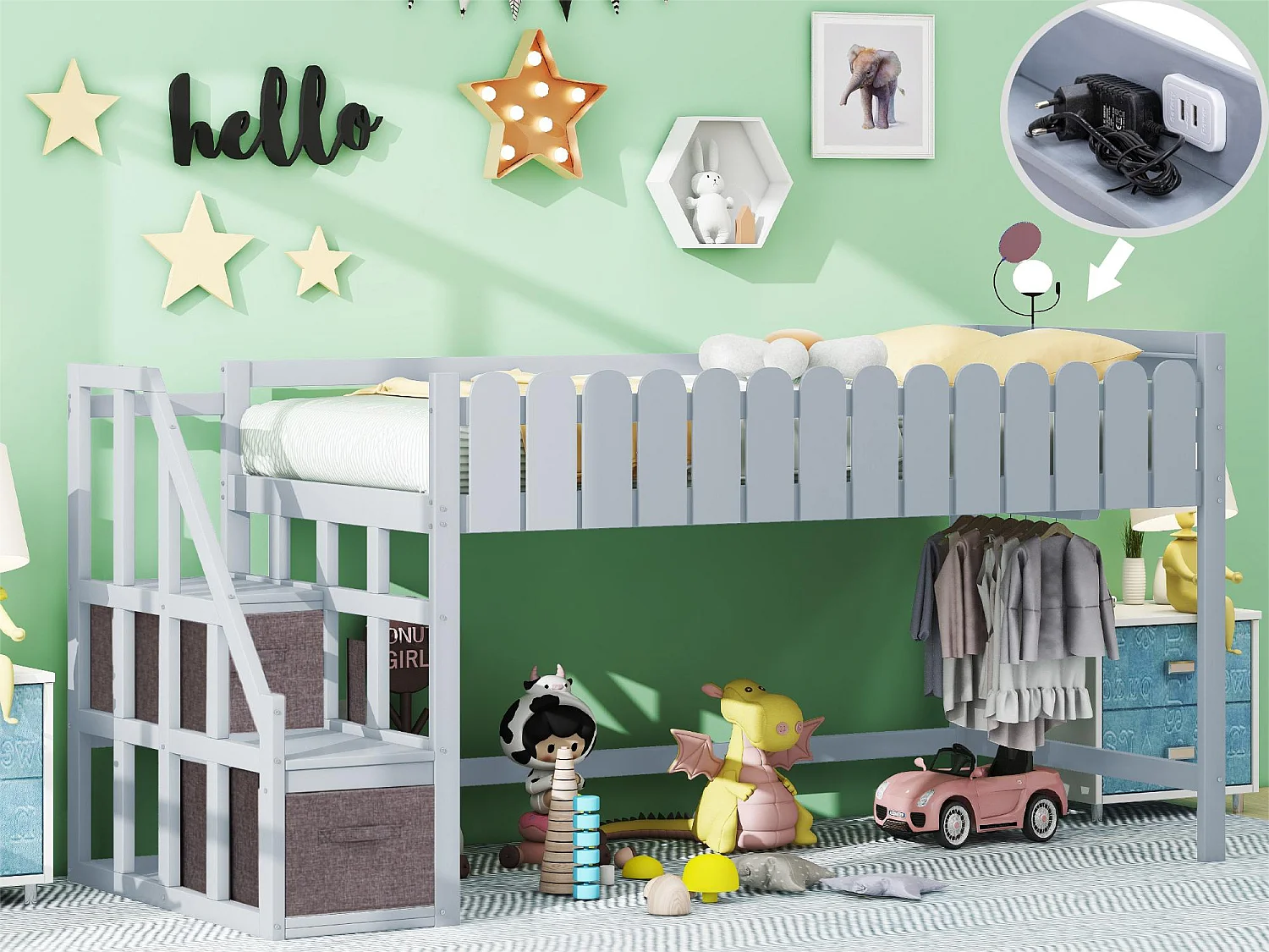 Lit enfant 90 x 190 cm, lit mi-hauteur, avec 2 tiroirs et port USB, bois massif, sommier inclus, gris