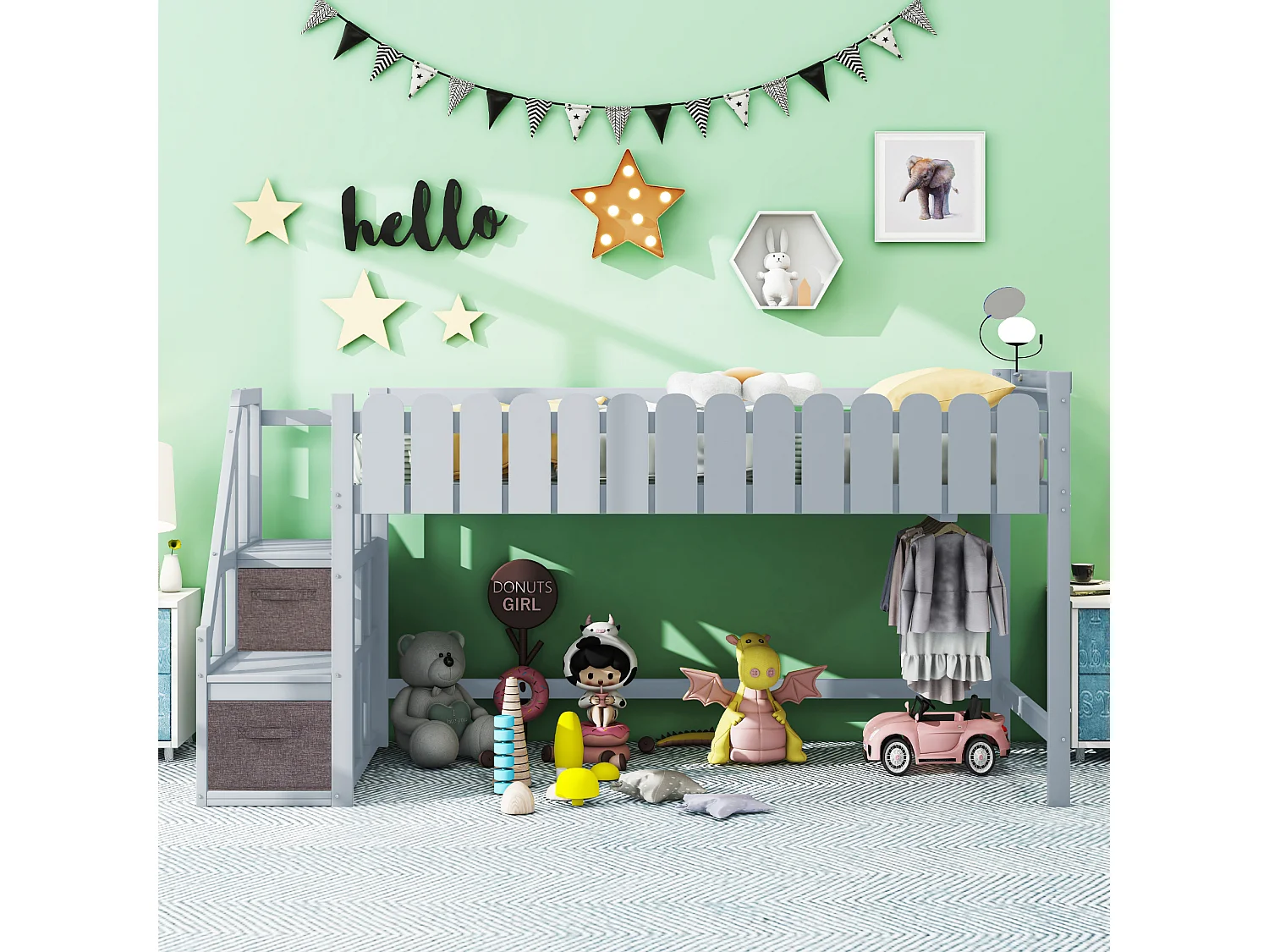 Lit enfant 90 x 190 cm, lit mi-hauteur, avec 2 tiroirs et port USB, bois massif, sommier inclus, gris