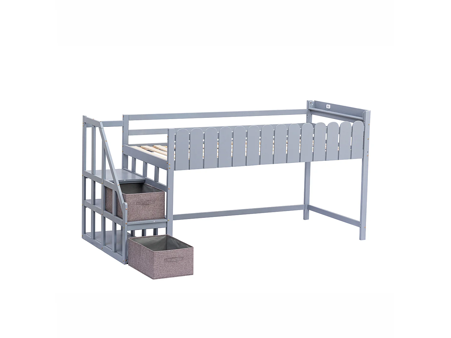 Lit enfant 90 x 190 cm, lit mi-hauteur, avec 2 tiroirs et port USB, bois massif, sommier inclus, gris