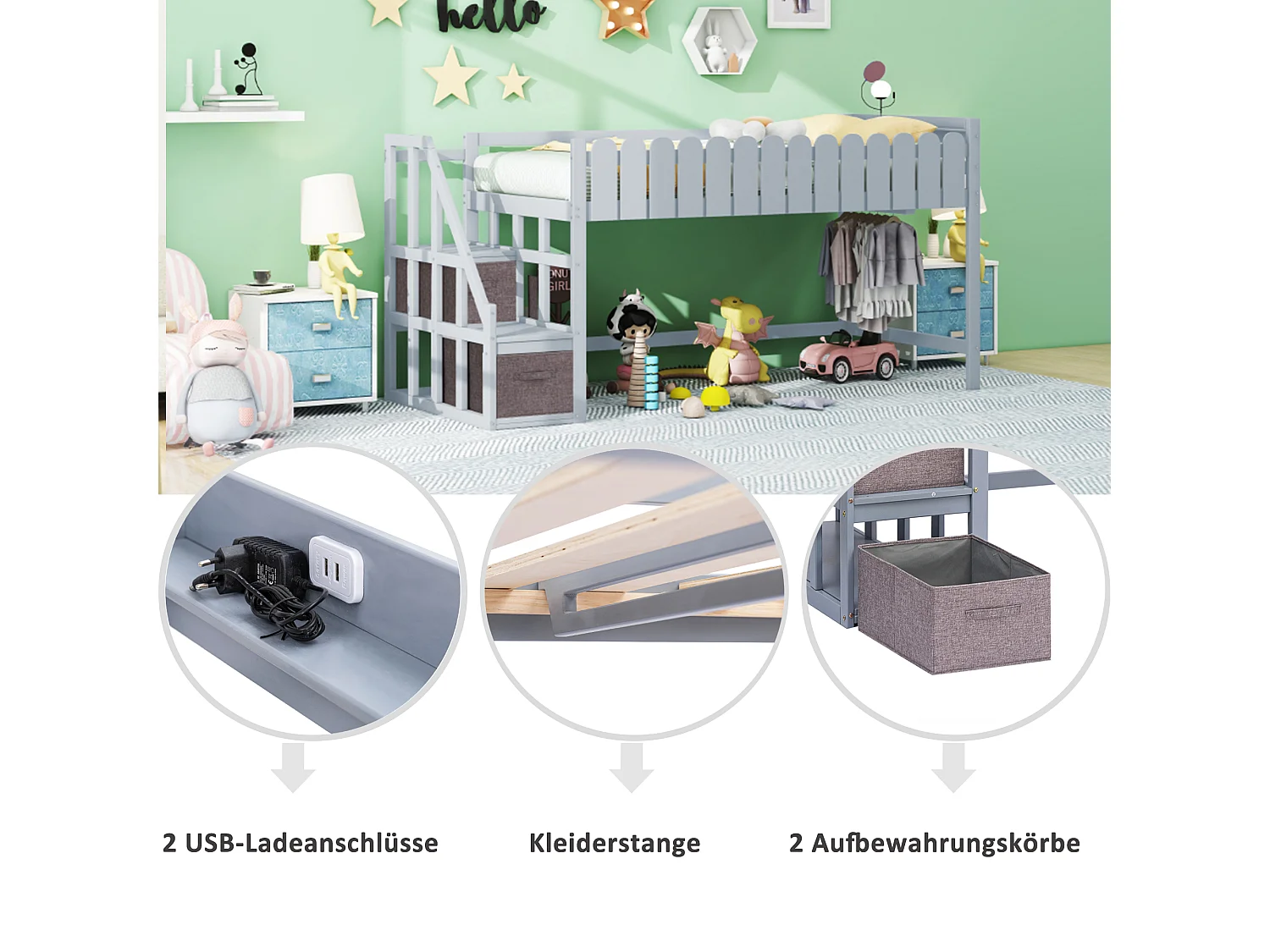 Lit enfant 90 x 190 cm, lit mi-hauteur, avec 2 tiroirs et port USB, bois massif, sommier inclus, gris