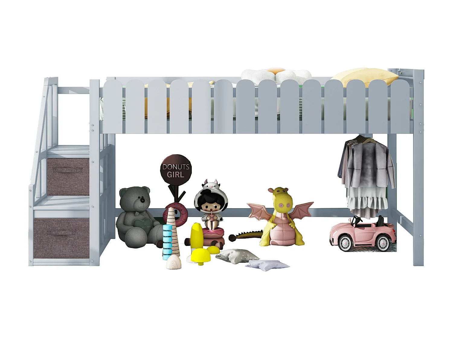 Lit enfant 90 x 190 cm, lit mi-hauteur, avec 2 tiroirs et port USB, bois massif, sommier inclus, gris