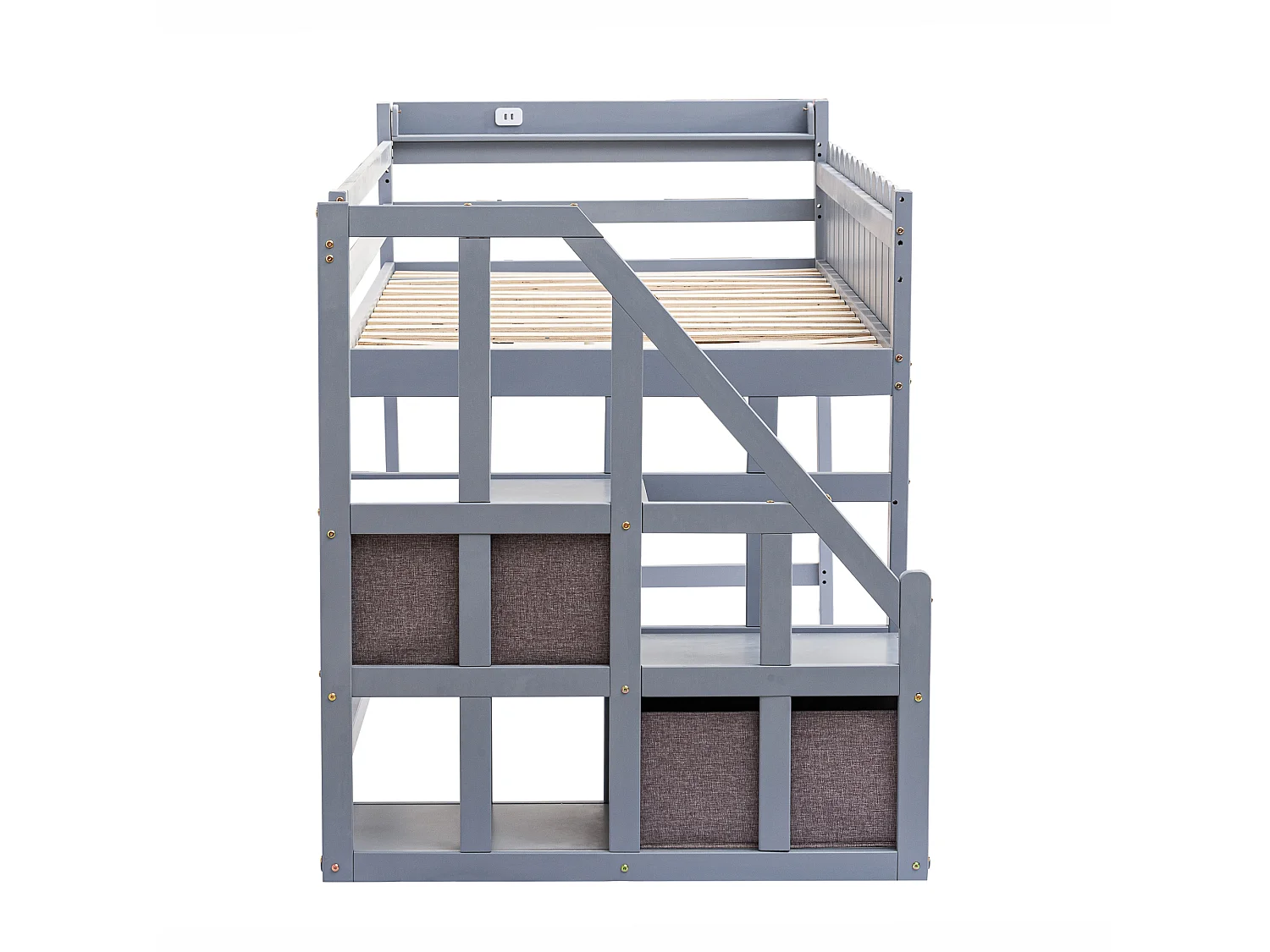 Lit enfant 90 x 190 cm, lit mi-hauteur, avec 2 tiroirs et port USB, bois massif, sommier inclus, gris