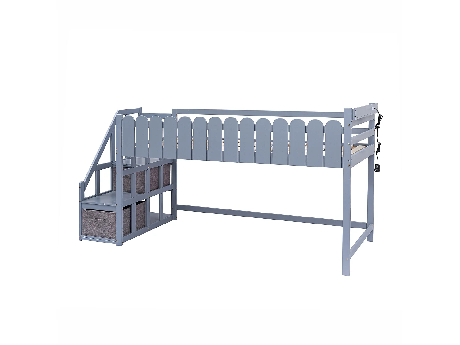 Lit enfant 90 x 190 cm, lit mi-hauteur, avec 2 tiroirs et port USB, bois massif, sommier inclus, gris