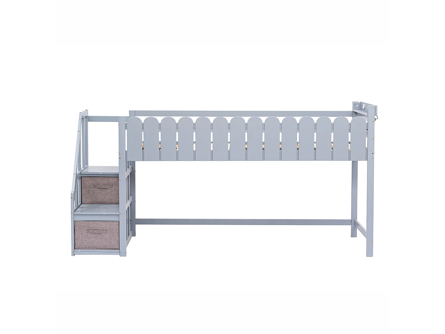 Lit enfant 90 x 190 cm, lit mi-hauteur, avec 2 tiroirs et port USB, bois massif, sommier inclus, gris