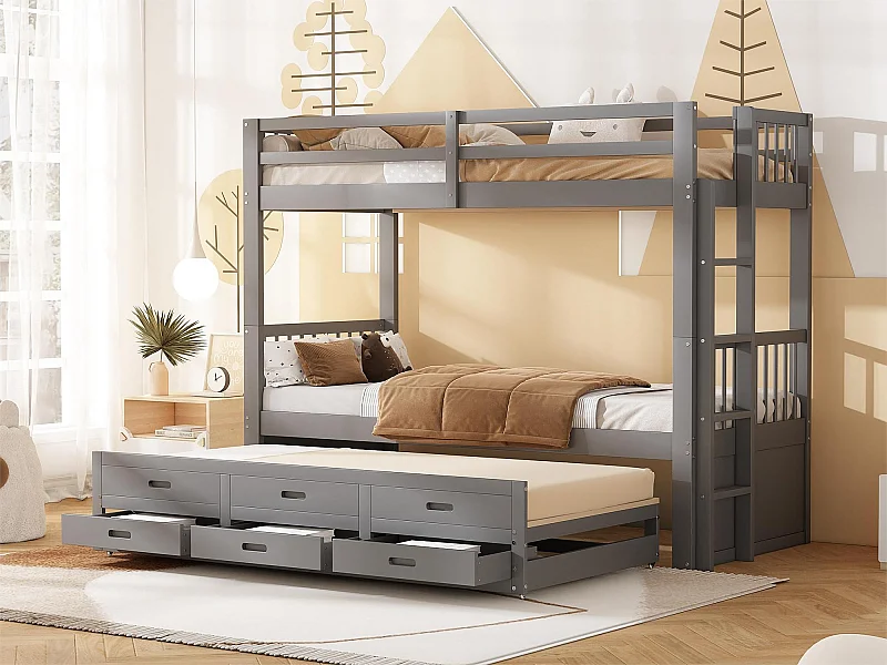 Etagenbett mit Ausziehbett für Kinder, 3 Plätze – 90 x 200 cm – 3 Schubladen – Kiefer und MDF – Grau
