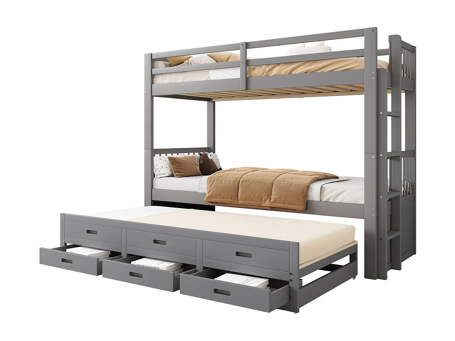 Lit superposé avec lit gigogne pour enfants 3 places - 90 x 200 cm - 3 tiroirs - pin et MDF - gris