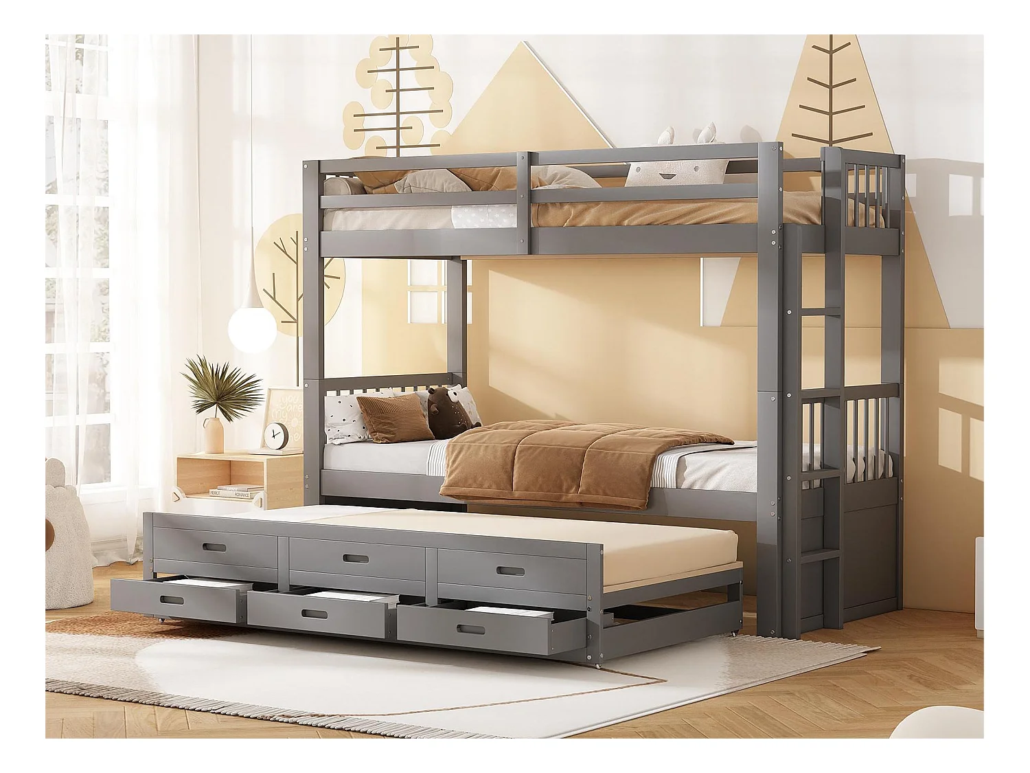 Lit superposé avec lit gigogne pour enfants 3 places - 90 x 200 cm - 3 tiroirs - pin et MDF - gris