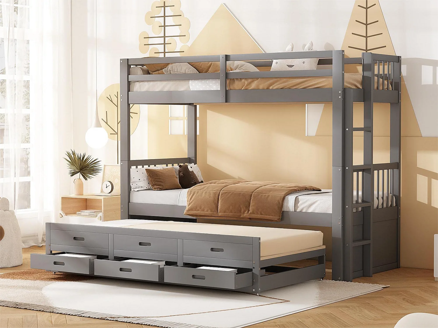 Lit superposé avec lit gigogne pour enfants 3 places - 90 x 200 cm - 3 tiroirs - pin et MDF - gris