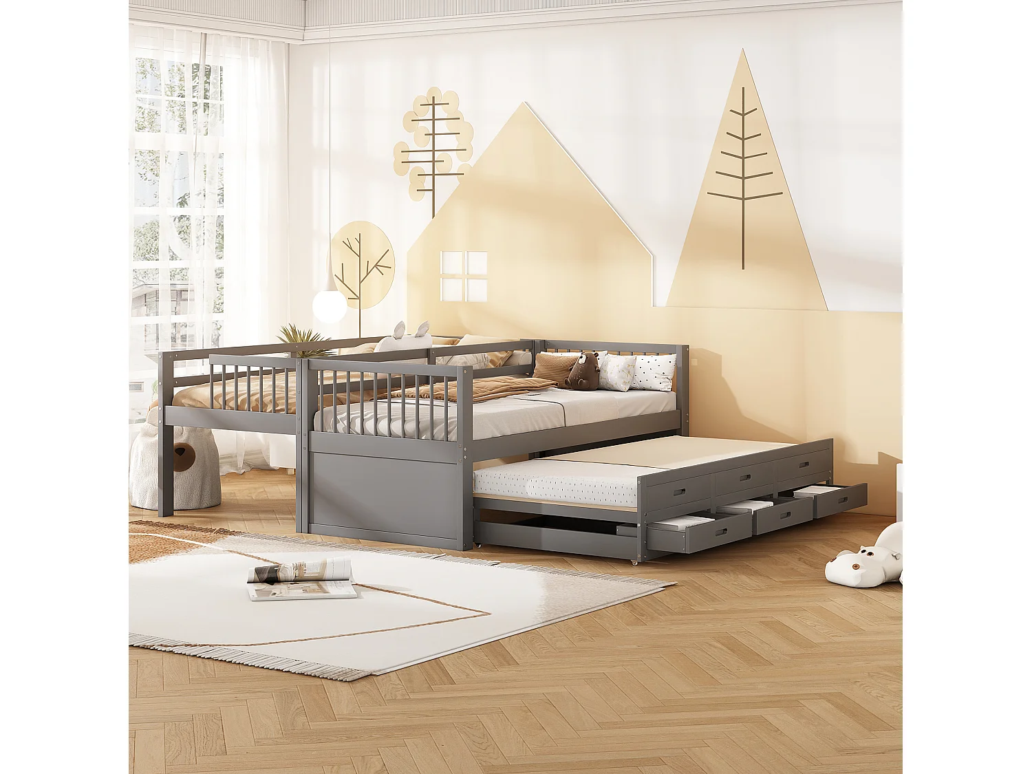 Lit superposé avec lit gigogne pour enfants 3 places - 90 x 200 cm - 3 tiroirs - pin et MDF - gris