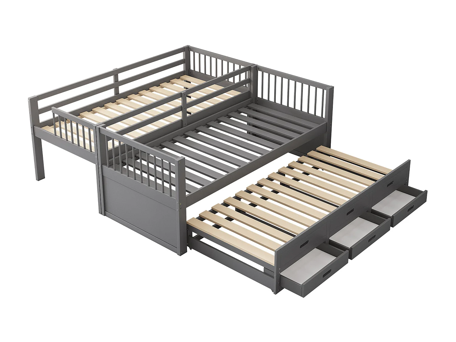 Lit superposé avec lit gigogne pour enfants 3 places - 90 x 200 cm - 3 tiroirs - pin et MDF - gris