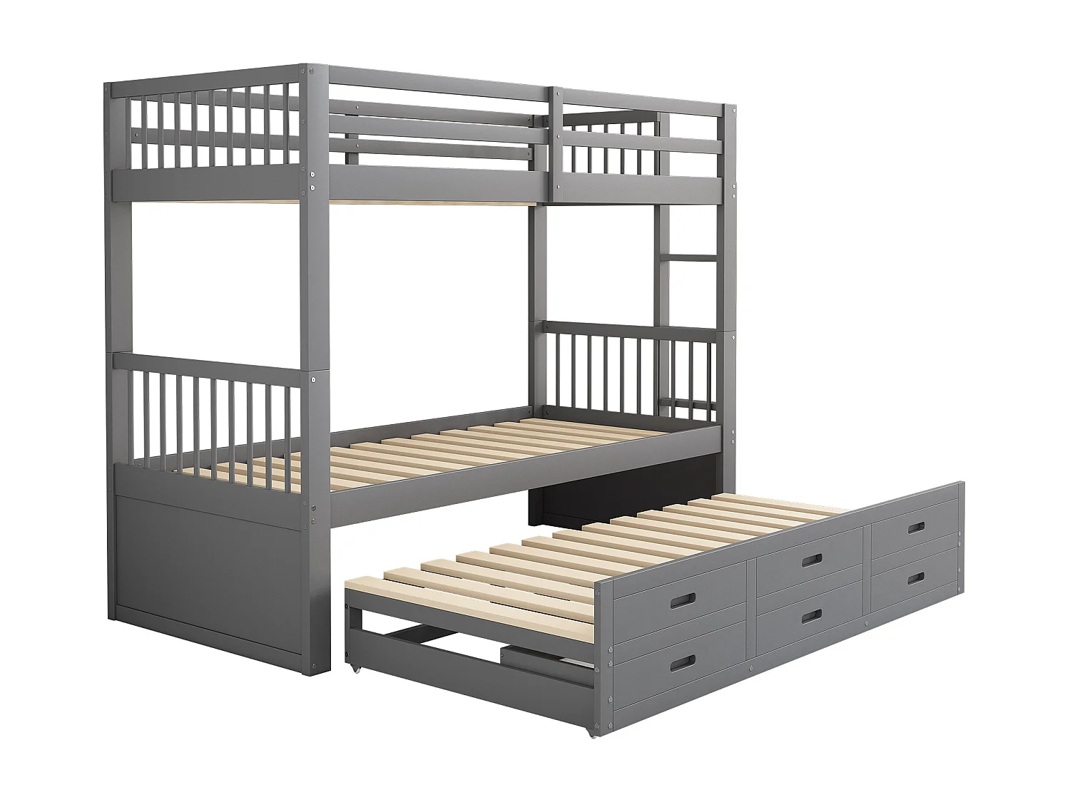 Lit superposé avec lit gigogne pour enfants 3 places - 90 x 200 cm - 3 tiroirs - pin et MDF - gris