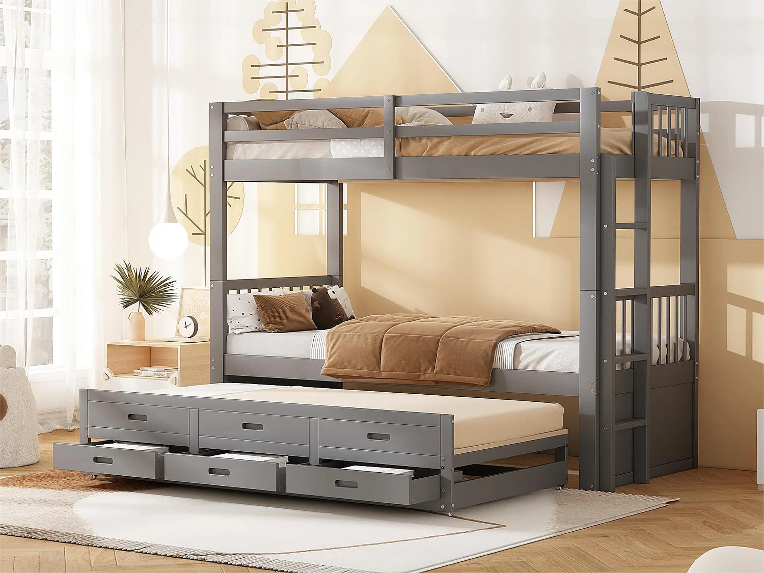 Lit superposé avec lit gigogne pour enfants 3 places - 90 x 200 cm - 3 tiroirs - pin et MDF - gris