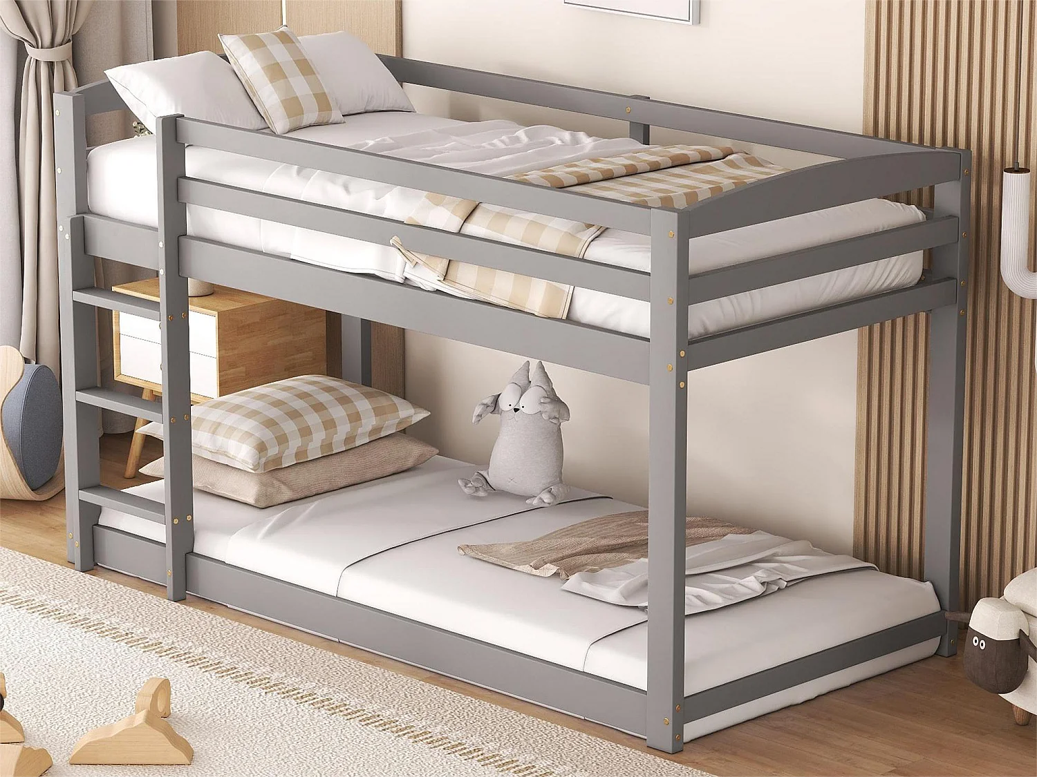 Beliche 2 x 90 x 200 cm para crianças - pinho - barreiras e escada - cor cinza