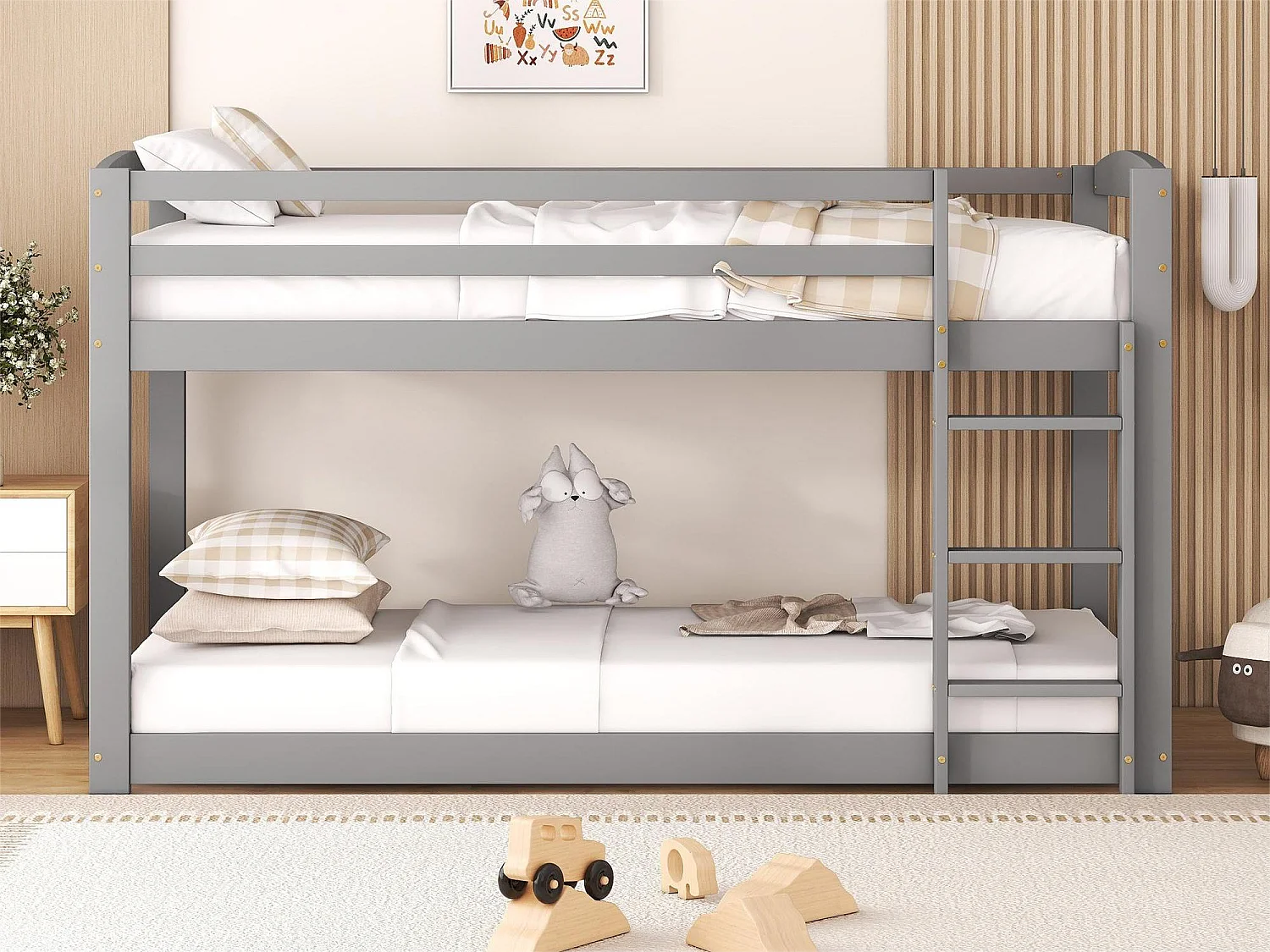 Beliche 2 x 90 x 200 cm para crianças - pinho - barreiras e escada - cor cinza