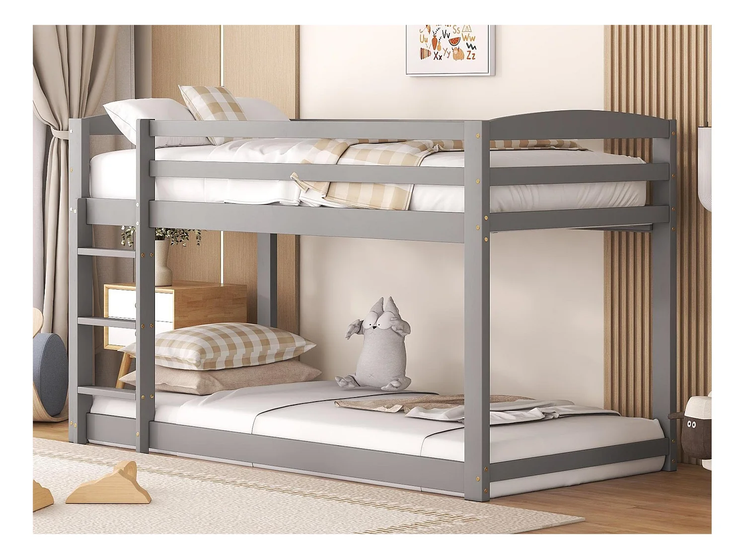 Lit superposé 2 x 90 x 200 cm pour enfants - pin - barrières et échelle - coloris gris
