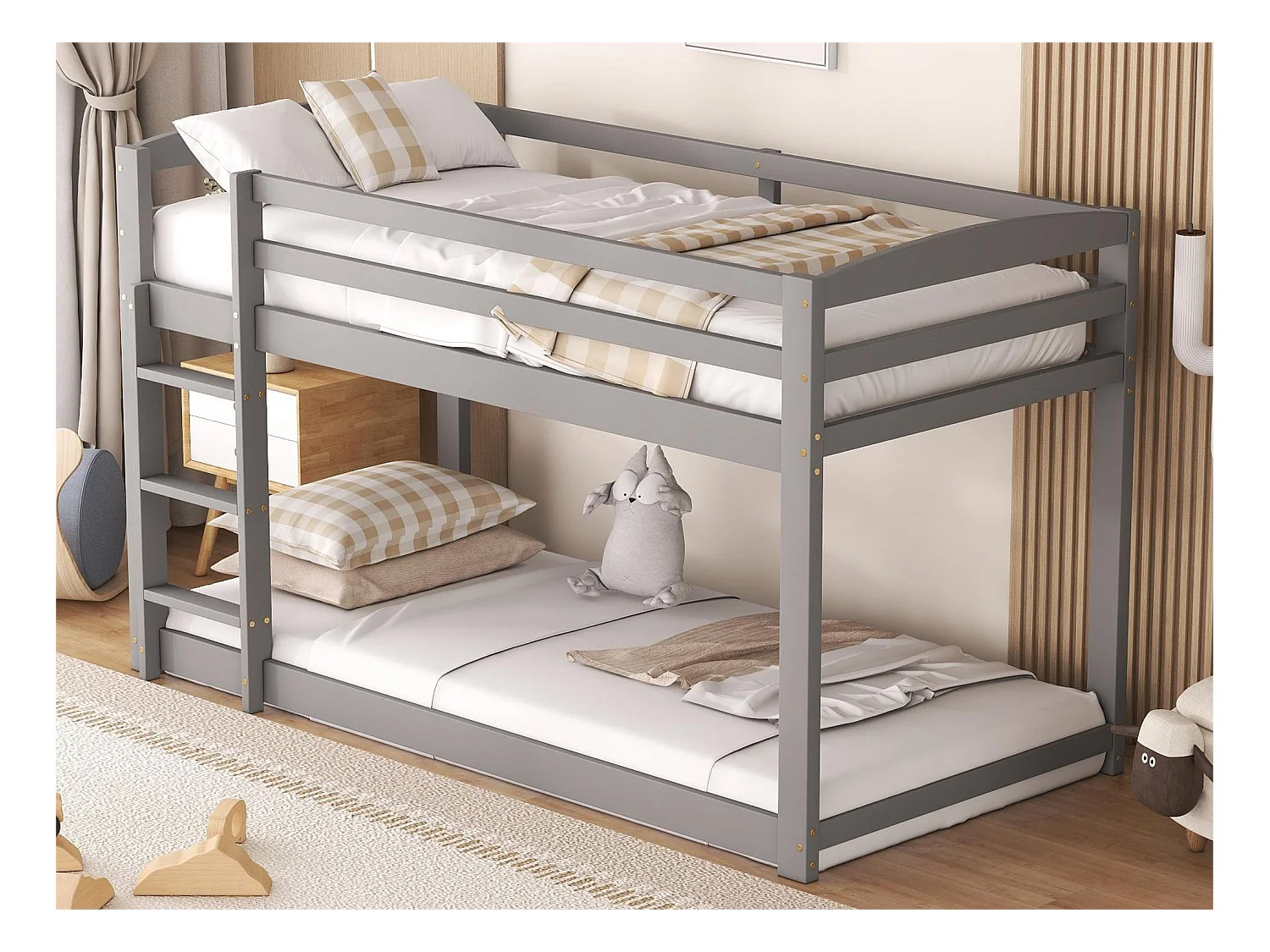 Łóżko piętrowe dziecięce 2 x 90 x 200 cm - sosna - barierki i drabinka - kolor szary