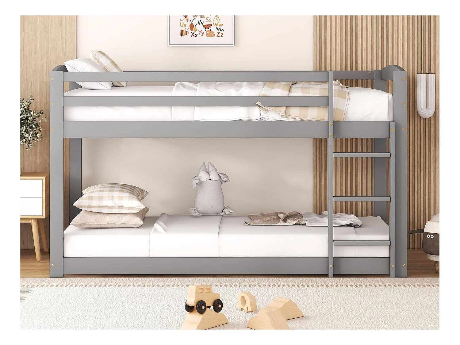 Łóżko piętrowe dziecięce 2 x 90 x 200 cm - sosna - barierki i drabinka - kolor szary