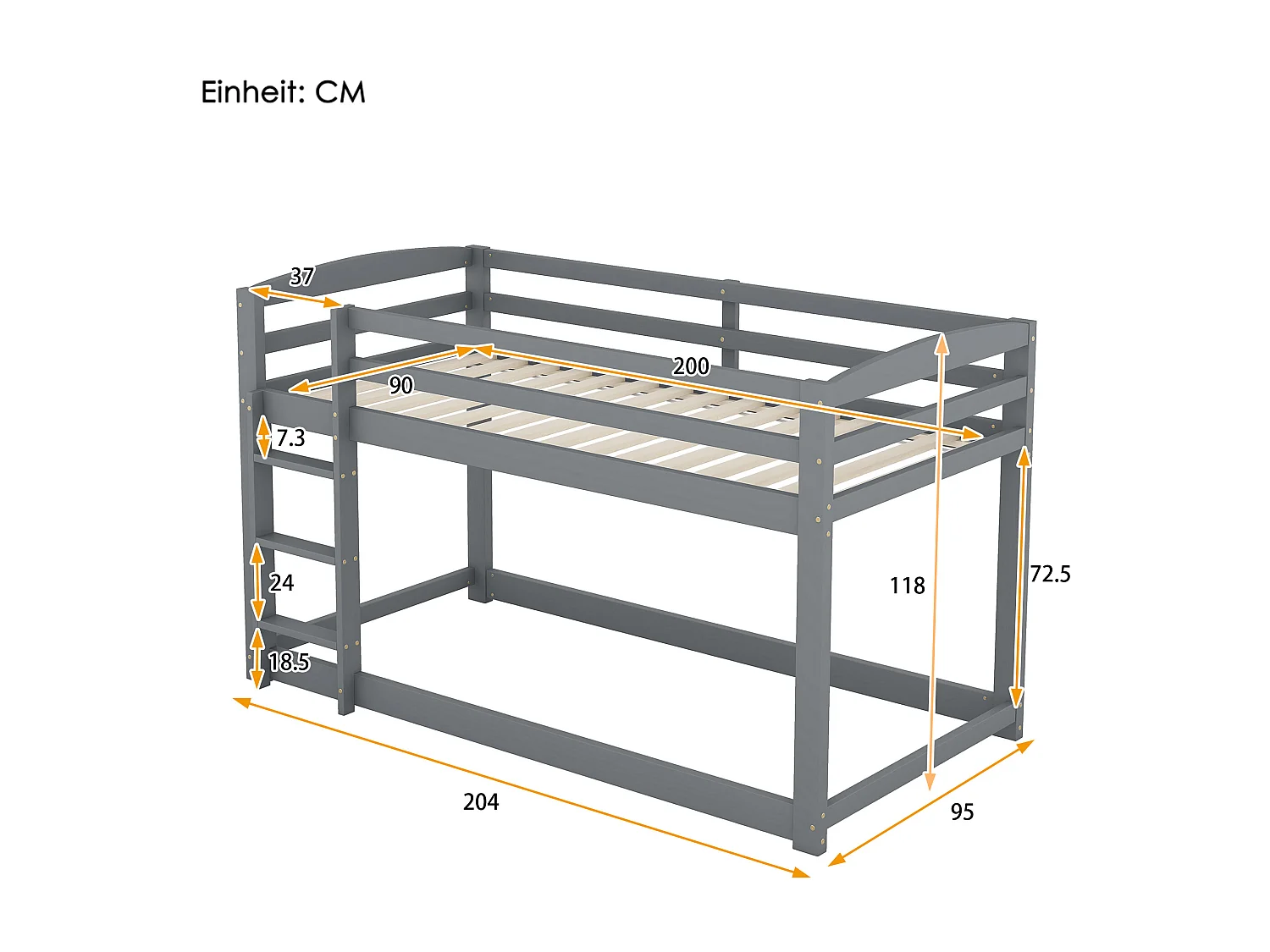 Łóżko piętrowe dziecięce 2 x 90 x 200 cm - sosna - barierki i drabinka - kolor szary