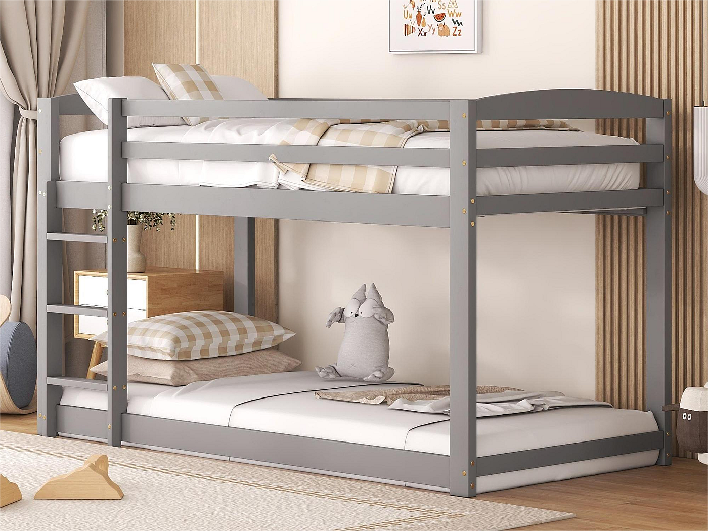 HAINEW Stapelbed, 90 x 200 cm, met ladder en veiligheidsleuning, massief houten frame, kinderbed, houten bed, eenpersoonsbed, vloerbed voor kinderen of jongeren (wit
