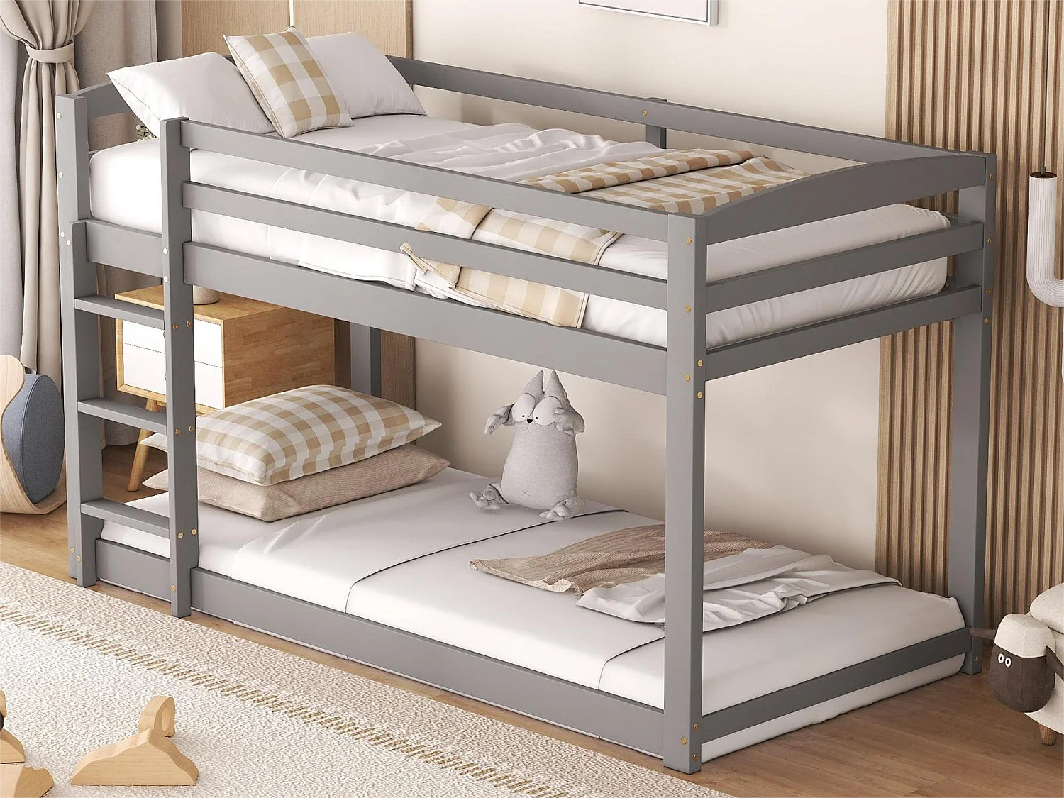 Etagenbett 2 x 90 x 200 cm für Kinder – Kiefer – Barrieren und Leiter – graue Farbe