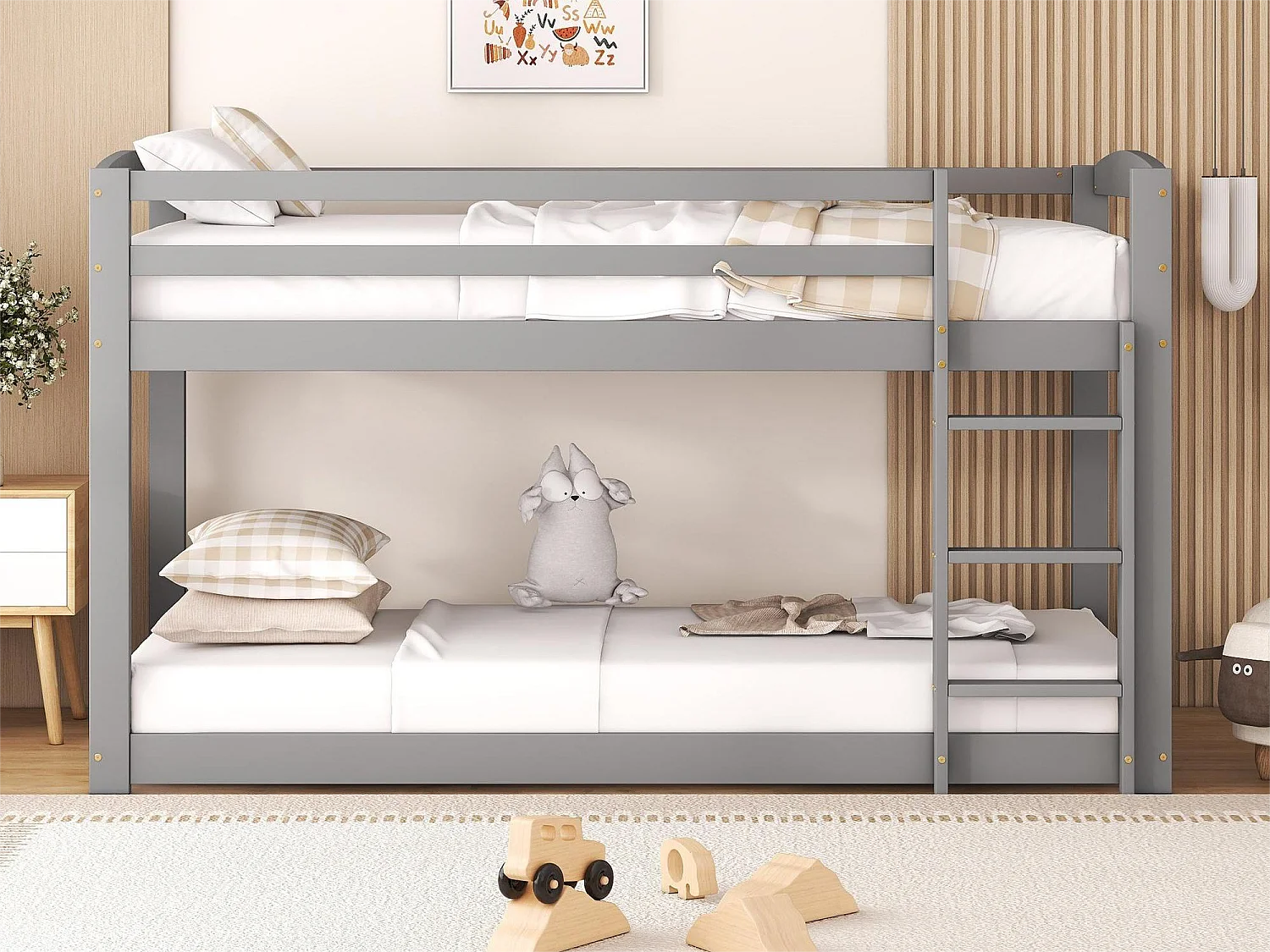 Etagenbett 2 x 90 x 200 cm für Kinder – Kiefer – Barrieren und Leiter – graue Farbe