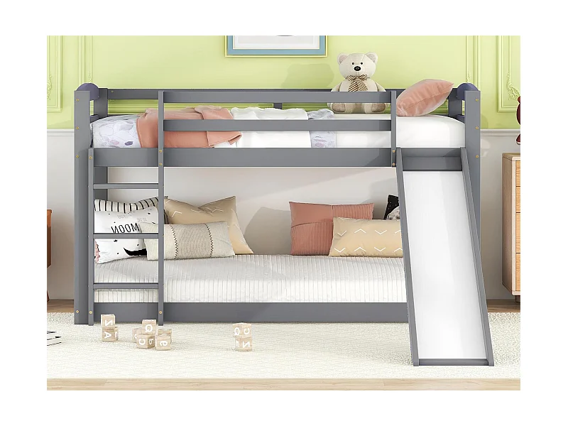 2-Sitzer-Etagenbett, 2x90x200cm mit Rutsche und Geländer, Gestell aus Kiefernholz, inklusive Lattenrost, Grau